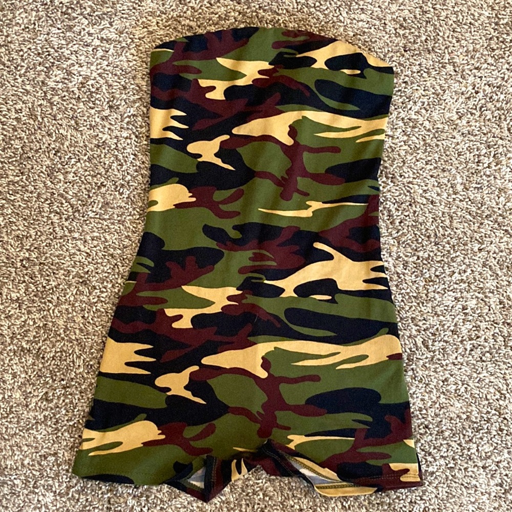 Camo Strapless Romper from Fashion Nova